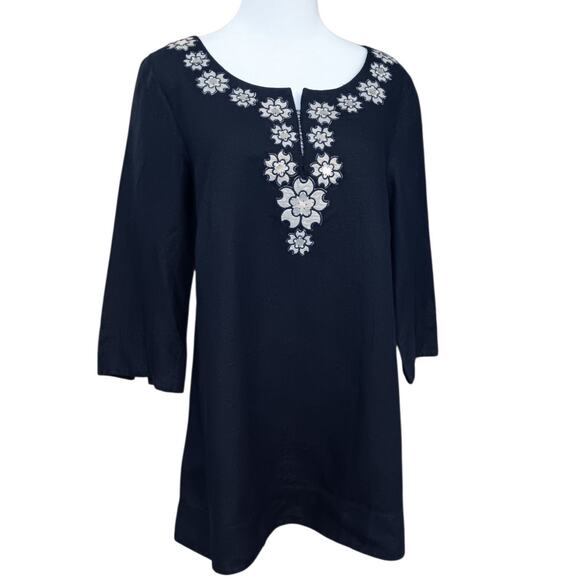 J. CREW 100% Linen Tunic Top Blouse‎ M/10 Artsy Floral Applique Long 3/4 Sleeves - Picture 1 of 11